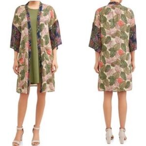 Time and Tru Tropical Bay Leaf Kimono with Pockets 8/10 beach cover up‎ green